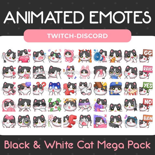 50 Animated + Static Cute Black & White Cat Emotes Mega Pack for Twitch, Youtube, Discord, Stream / Instant Download