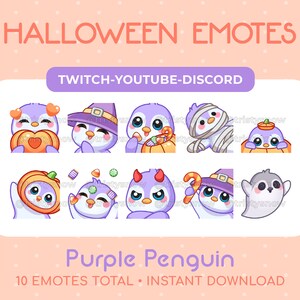 Può includere: Un set di 10 emote a tema Halloween per Twitch, YouTube e Discord con un pinguino viola in vari costumi, tra cui una strega, una mummia, un fantasma e un diavolo. Il testo "Purple Penguin" e "10 Emotes Total - Instant Download" è incluso.