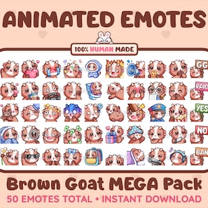 MÉGA pack de 50 émoticônes animées + statiques en forme de chèvre brune pour Twitch, Discord, Kick, Stream/Téléchargement instantané