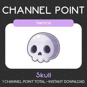May include: A purple cartoon skull with white eyes and a white mouth. The skull is on a white background with the text "TWITCH" in a purple box at the top. The text "Skull" is below the skull and the text "1 CHANNEL POINT TOTAL - INSTANT DOWNLOAD" is below that.