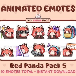 10 emoticones de panda rojo animados y estáticos (paquete de 5) para Twitch, Discord, Kick, Stream y descarga instantánea.