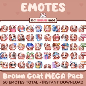 MÉGA pack de 50 émoticônes mignonnes de chèvre brune pour Twitch, Discord, Youtube, Tiktok, Kick, Stream/téléchargement instantané