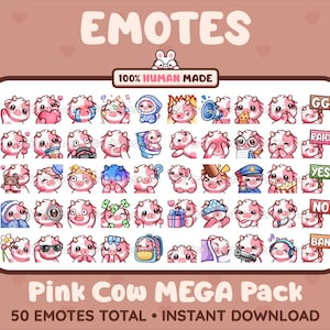 MÉGA pack de 50 émoticônes de vache rose mignonnes pour Twitch, Discord, Youtube, Tiktok, Kick, Stream/téléchargement instantané