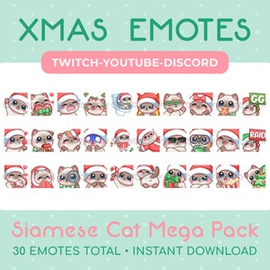 Méga pack de 30 émoticônes de Noël chat siamois pour Twitch, Youtube, Discord et streamer