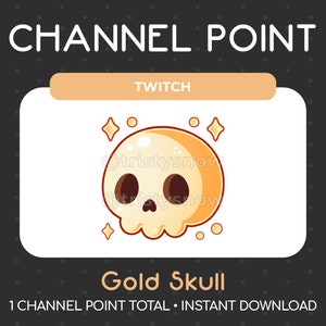 May include: Gold skull Twitch channel point reward. The skull is cartoon-style and has a yellow-gold color with a white outline. The skull is surrounded by small white stars.