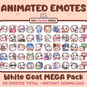 Megapack de 50 emoticones de cabra blanca animados y estáticos para Twitch, Discord, Kick, Stream y descarga instantánea.