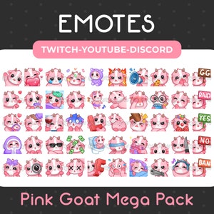 50 Cute Pink Goat Emotes Mega Pack for Twitch, Youtube, Discord, Stream / Instant Download