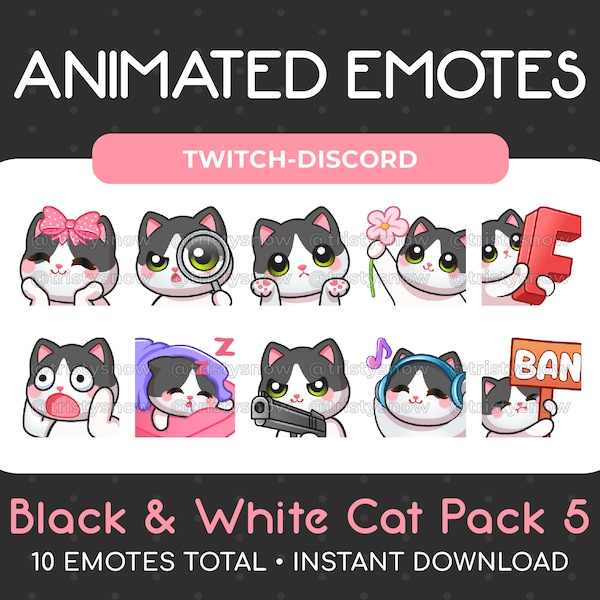 10 Animated + Static Cute Black & White Cat Emotes (Pack 5) for Twitch, Youtube, Discord, Stream / Instant Download