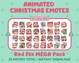 Mega pakiet 32 animowanych i statycznych emotikonek z motywem świątecznym i uroczym rudym lisem na Twitch, Discord, Kick, Stream / do natychmiastowego pobrania