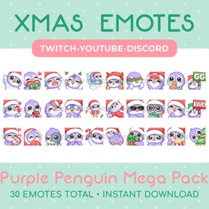 Megapack de 30 emoticones navideños de pingüino morado para Twitch, YouTube, Discord y transmisiones