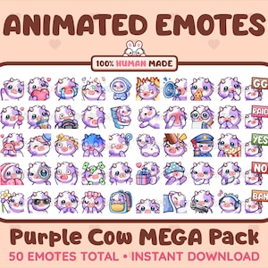 50 Animated + Static Cute Purple Cow Emotes MEGA Pack for Twitch, Discord, Kick, Stream / Instant Download
