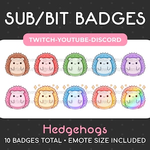 10 Cute Hedgehog Sub/Bit Badges/Emotes for Twitch, Youtube, Discord, Stream / Instant Download