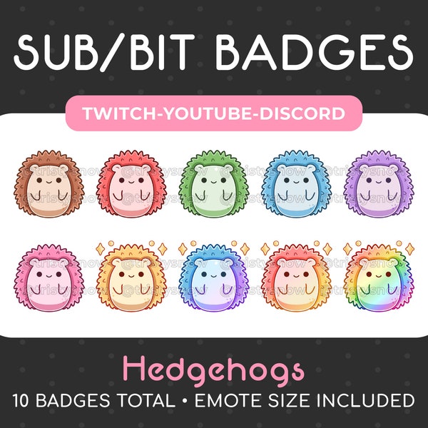 10 Cute Hedgehog Sub/Bit Badges/Emotes for Twitch, Youtube, Discord, Stream / Instant Download