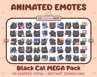Può includere: Una collezione digitale di 50 emote animate di gatti neri intitolata ANIMATED EMOTES e Black Cat MEGA PACK. Il set presenta varie espressioni e azioni, inclusi cartelli con scritto GG, RAID, YES, NO e BAN, il tutto su uno sfondo chiaro.
