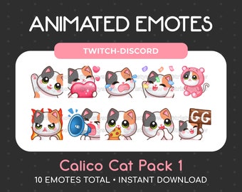 10 Animated + Static Cute Calico Cat Emotes (Pack 1) for Twitch, Youtube, Discord, Stream / Instant Download