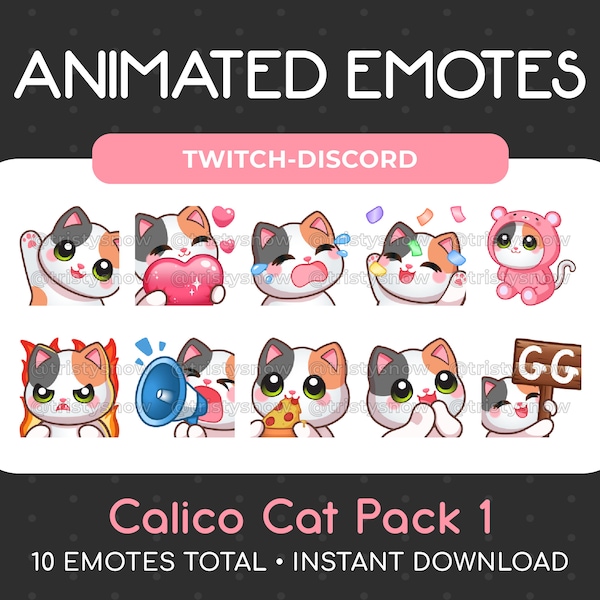 10 Animierte + Statische Calico Katzen Emotes (Pack 1) für Twitch, Youtube, Discord, Stream / Instant Download