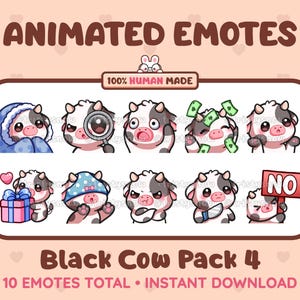 Puede incluir: Un conjunto de 10 emoticonos animados que muestran una vaca en blanco y negro en varias poses. Los emoticonos incluyen a la vaca durmiendo, mirando a través de una lupa, sorprendida, sosteniendo dinero, mirando a la cámara, usando una máscara para dormir, enojada, sosteniendo un cuchillo, sosteniendo un cartel que dice "NO", y sosteniendo una caja de regalo.