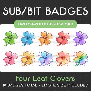 10 Four Leaf Clover Sub/Bit Badges/Emotes for Twitch, Youtube, Discord, Stream / Instant Download
