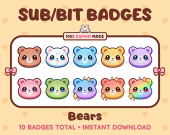 May include: Ten colorful bear-themed badges for Twitch or other streaming platforms. The badges feature different colored bears with various expressions and details, including stars and rainbows. The text "SUB/BIT BADGES" and "Bears" is also included in the image.
