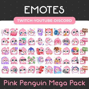50 Cute Pink Penguin Emotes Mega Pack for Twitch, Youtube, Discord, Stream / Instant Download