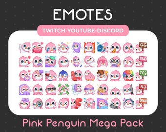 50 Cute Pink Penguin Emotes Mega Pack for Twitch, Youtube, Discord, Stream / Instant Download