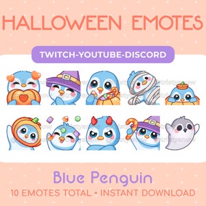 Può includere: Una collezione di dieci emote di pinguini blu a tema Halloween. Le emote includono pinguini vestiti da zucca, strega, mummia e fantasma. Il testo include "Halloween Emotes", "Twitch-YouTube-Discord" e "Blue Penguin".