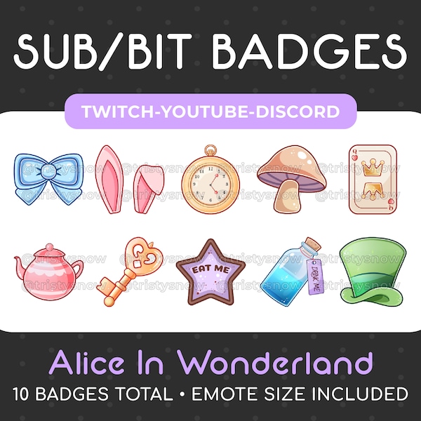 10 Alice In Wonderland Themed Sub/Bit Badges/Emotes for Twitch, Youtube, Discord, Stream / Instant Download