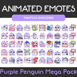 50 Animated + Static Cute Purple Penguin Emotes Mega Pack for Twitch, Youtube, Discord, Stream / Instant Download