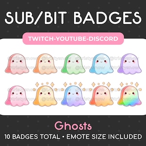 May include: Ten colorful ghost badges for Twitch, YouTube, or Discord. The badges feature a cute cartoon ghost with different color gradients. The text "Ghosts" is below the badges, and the text "10 Badges Total - Emote Size Included" is below that.