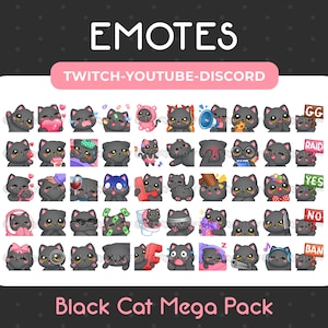 50 Cute Black Cat Emotes Mega Pack for Twitch, Youtube, Discord, Stream / Instant Download