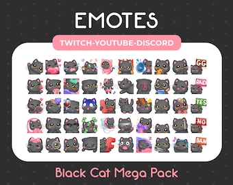 Megapack met 50 schattige zwarte kat-emotes voor Twitch, Youtube, Discord, Stream/Direct downloaden