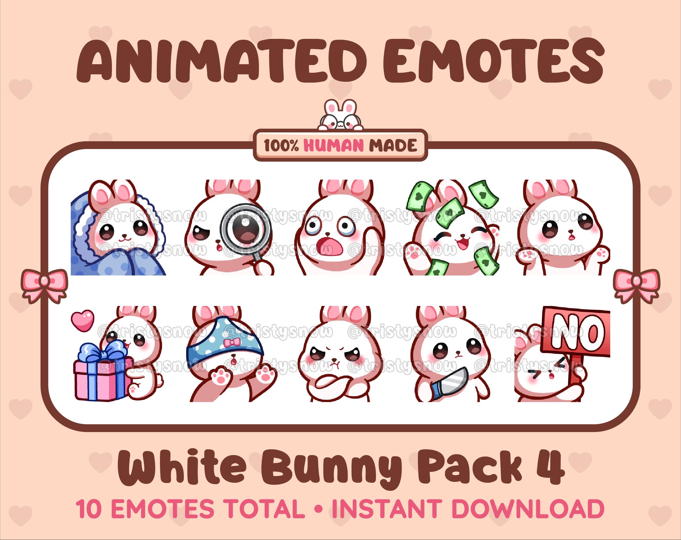 10 Animated + Static Cute White Bunny Emotes (Pack 4) for Twitch, Discord, Kick, Stream / Instant Download