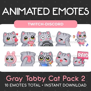 10 Animated + Static Cute Gray Tabby Cat Emotes (Pack 2) for Twitch, Youtube, Discord, Stream / Instant Download