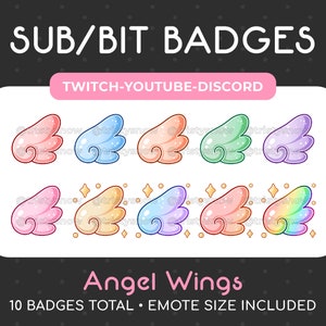 Op de afbeelding: Set van 10 digitale badges met engelenvleugels in verschillende pastelkleuren, waaronder roze, blauw, groen en regenboog. De tekst "SUB/BIT BADGES" en "TWITCH-YOUTUBE-DISCORD" wordt boven de badges weergegeven. De tekst "Angel Wings" en "10 BADGES TOTAL - EMOTE SIZE INCLUDED" wordt onder de badges weergegeven.