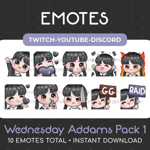 10 Cute Wednesday Addams Emotes (Pack 1) for Twitch, Youtube, Discord, Stream / Instant Download