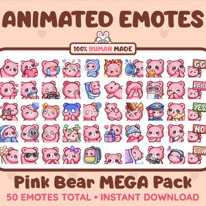 50 Animated + Static Cute Pink Bear Emotes MEGA Pack for Twitch, Discord, Kick, Stream / Instant Download