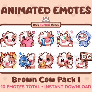 10 Emote Mucca Marrone Carina Animate + Statiche (Pacchetto 1) per Twitch, Discord, Kick, Stream / Download Istantaneo