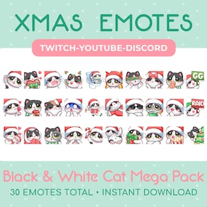 30 Christmas Black & White Cat Emotes Mega Pack for Twitch, Youtube, Discord, Stream