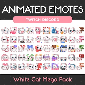 Megapack de 50 emoticones de gato blanco animados y estáticos para Twitch, YouTube, Discord, streaming y descarga instantánea.