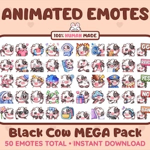 MÉGA pack de 50 émoticônes animées + statiques de vache noire pour Twitch, Discord, Kick, Stream/Téléchargement instantané