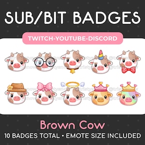 10 badges/emotes mignons de vache brune Sub/Bit pour Twitch, Youtube, Discord, Stream/Téléchargement instantané