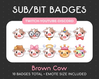 10 Cute Brown Cow Sub/Bit Badges/Emotes for Twitch, Youtube, Discord, Stream / Instant Download