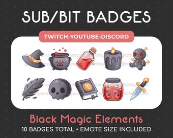 May include: Ten black and red cartoon illustrations of black magic elements, including a witch's hat, cauldron, potion bottle, candle, voodoo doll, feather, skull, book, jar of eyeballs, and a dagger. The text "SUB/BIT BADGES" is at the top of the image, and the text "TWITCH-YOUTUBE-DISCORD" is below it. The text "Black Magic Elements" is at the bottom of the image, and the text "10 BADGES TOTAL - EMOTE SIZE INCLUDED" is below it.