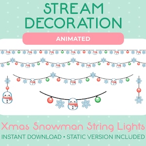 Cute Animated Christmas Snowman String Lights Overlay Decoration for Twitch, Youtube, Stream / Instant Download