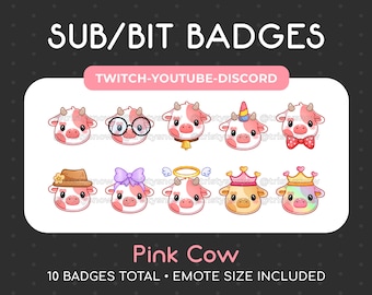 10 Cute Pink Cow Sub/Bit Badges/Emotes for Twitch, Youtube, Discord, Stream / Instant Download
