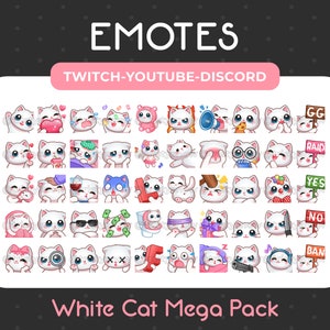 Mega Pack di 50 graziosi emoticon di gatti bianchi per Twitch, Youtube, Discord, Streaming / Download immediato