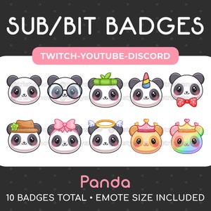 10 Cute Panda Sub/Bit Badges/Emotes for Twitch, Youtube, Discord, Stream / Instant Download