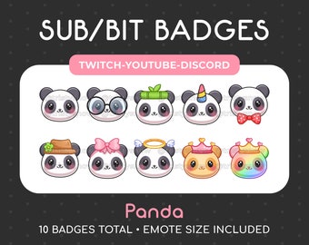 10 Cute Panda Sub/Bit Badges/Emotes for Twitch, Youtube, Discord, Stream / Instant Download