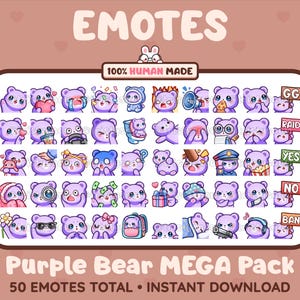 MÉGA pack de 50 emotes ours violets mignons pour Twitch, Discord, Youtube, Tiktok, Kick, Stream/téléchargement instantané