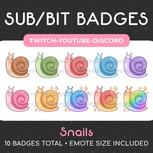 May include: Ten colorful snail badges for Twitch, YouTube, and Discord. The badges feature snails in various colors, including brown, green, red, blue, purple, pink, yellow, light blue, rainbow, and a rainbow gradient. The text "Snails" and "10 Badges Total - Emote Size Included" is at the bottom of the image.